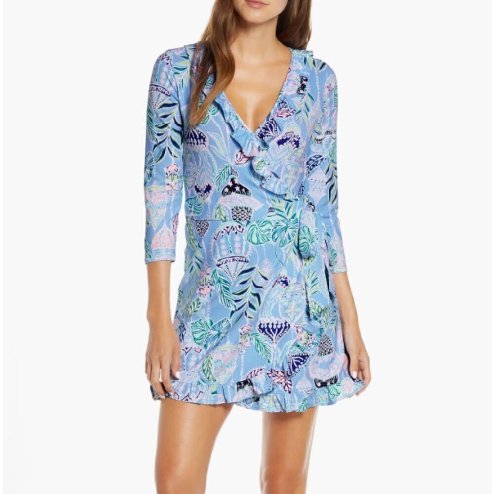 Lilly Pulitzer Jessalynne Wrap Romper V-Neck Peri Lapis Lantern Light Blue Small